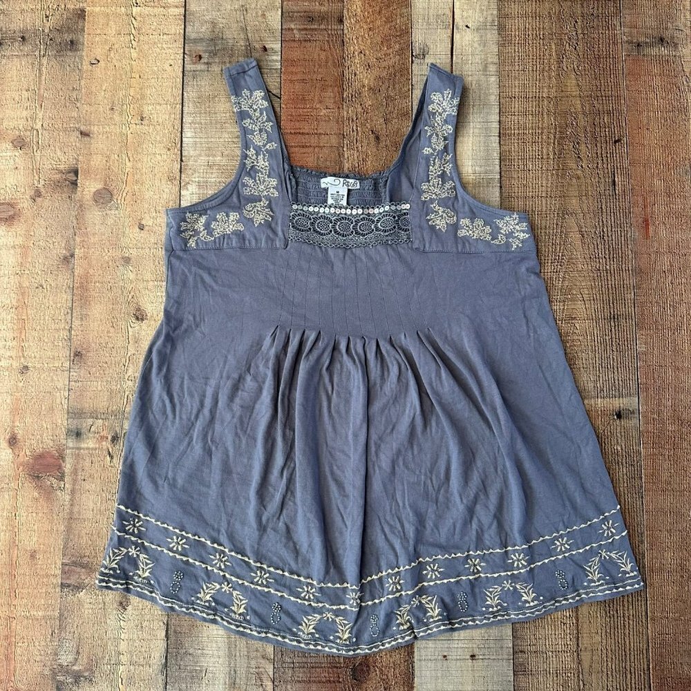 RXB gray and tan boho embroidered with sequin sleeveless tunic top women's m